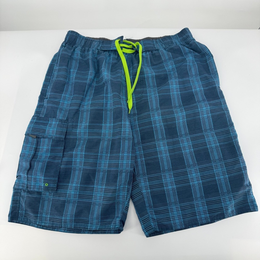 Starting Point Swim Trunks Mens XL Blue Plaid Cargo Board Shorts Neon Drawstring